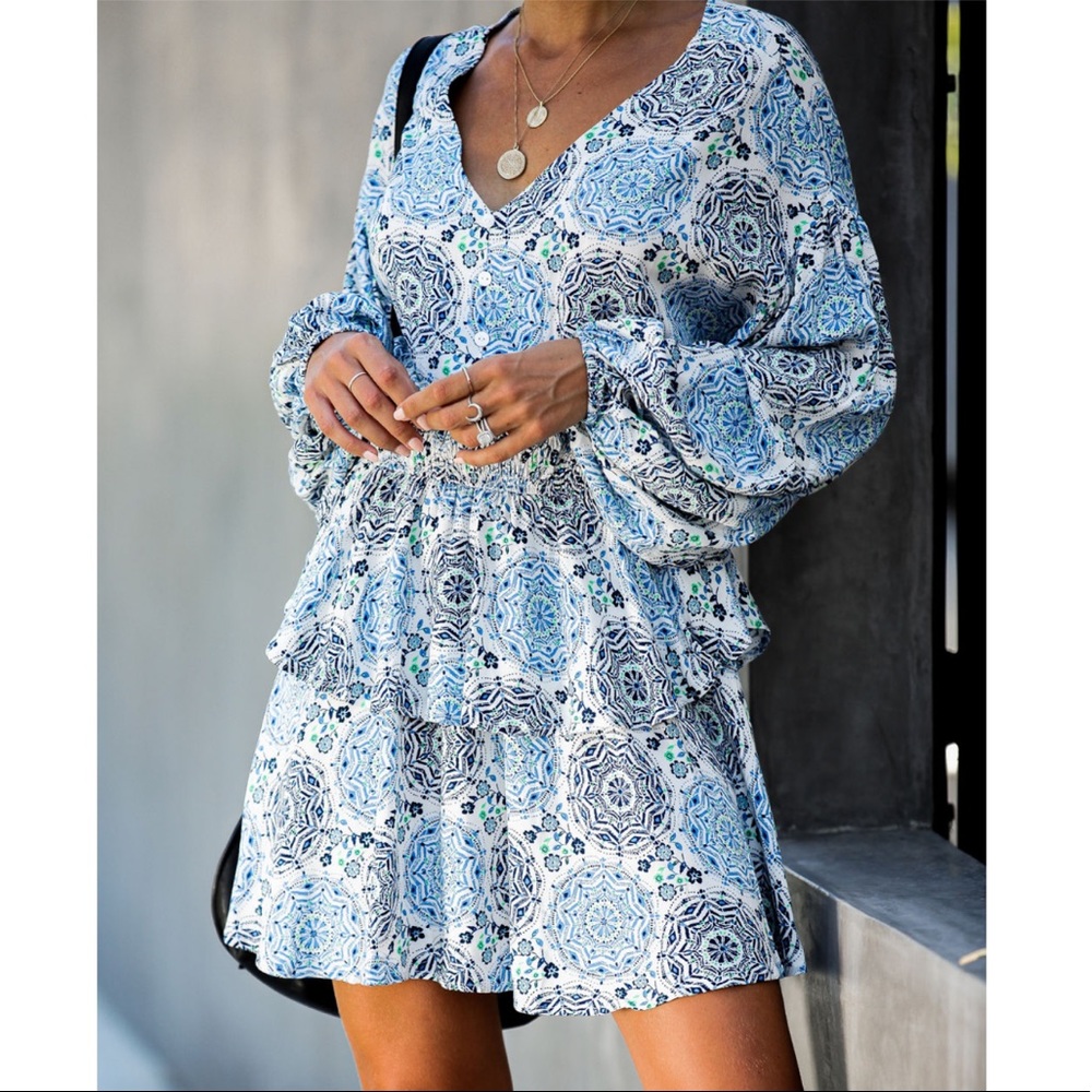 Smocked tiered long sleeve dress